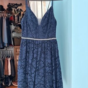 Elegant Navy Lace Dress with Pearl Detail